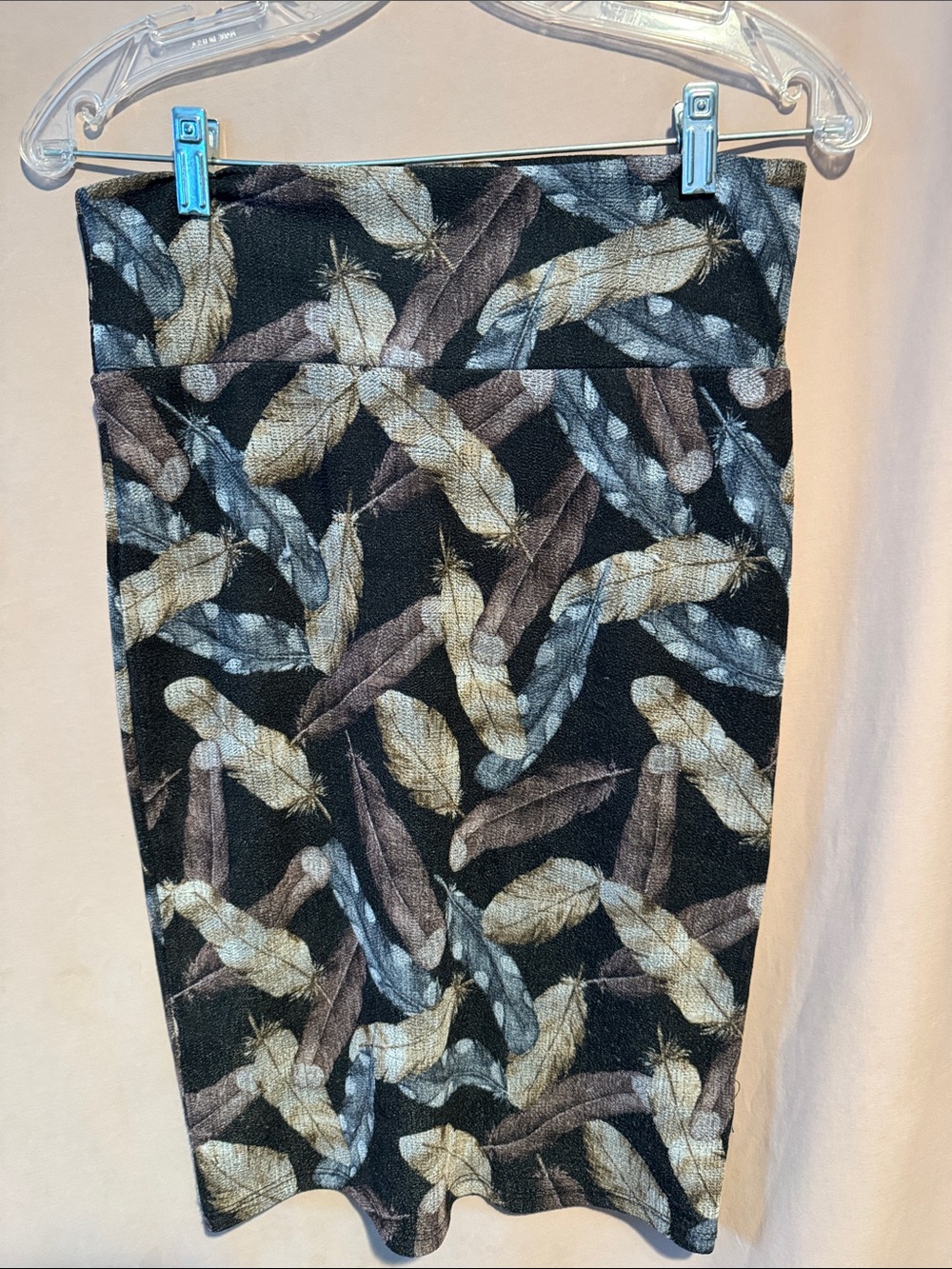 LuLaRoe Black Pencil Skirt with Beige, Brown, and Gray Feather Print